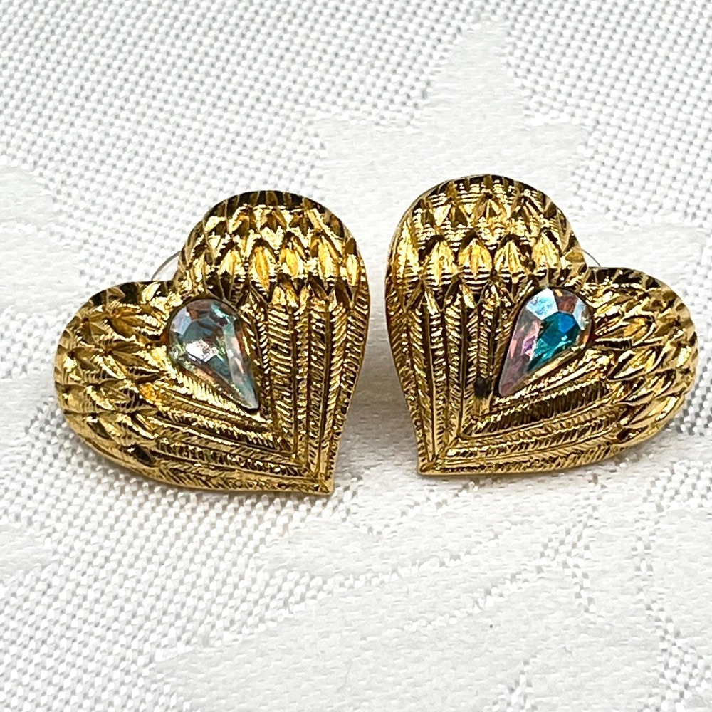 Kirks Folly Angel Wings Heart Earrings - Gold Tone & Crystal AB Rhinestones